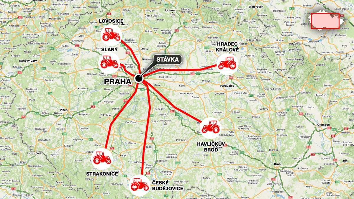 Traktory začnou do Prahy najíždět v pondělí časně ráno ze šesti směrů